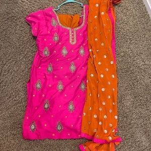 Hot pink and orange suit with churridar pants